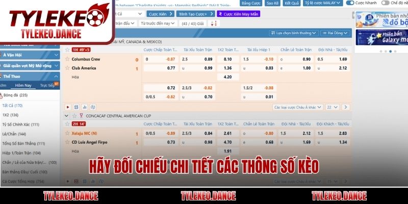 Hãy đối chiếu chi tiết các thông số kèo